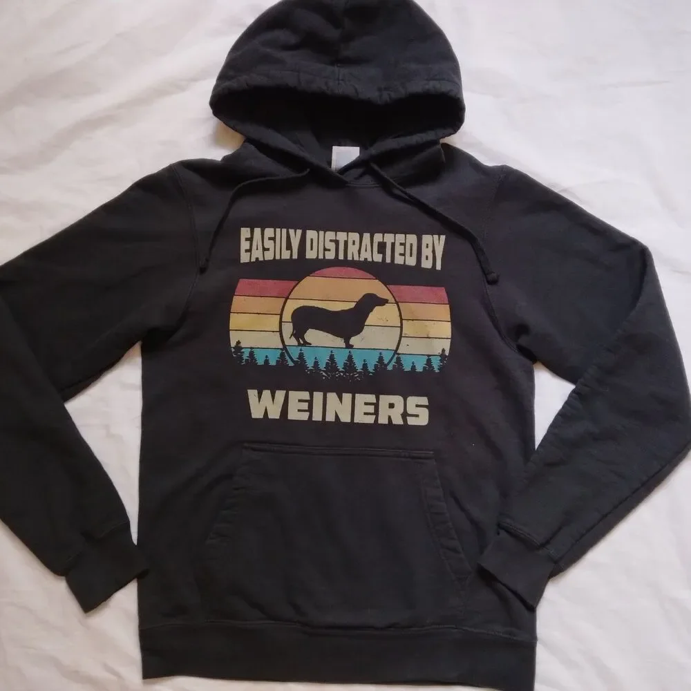Easily Distracted By Weiners Black Graphic Sweatshirt Hoodie Dachshund Small - Picture 2 of 6